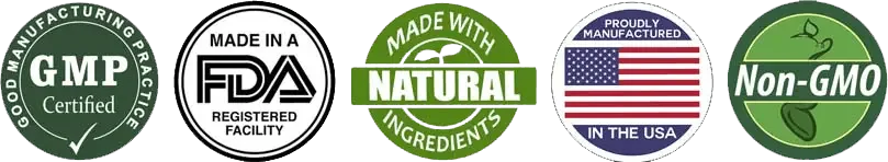 Alka Vitality quality badges: GMP certified, made in an FDA registered facility, natural ingredients, made in the USA, non-GMO
